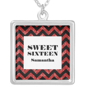 Red Chevron Glitter Sweet 16 Necklace