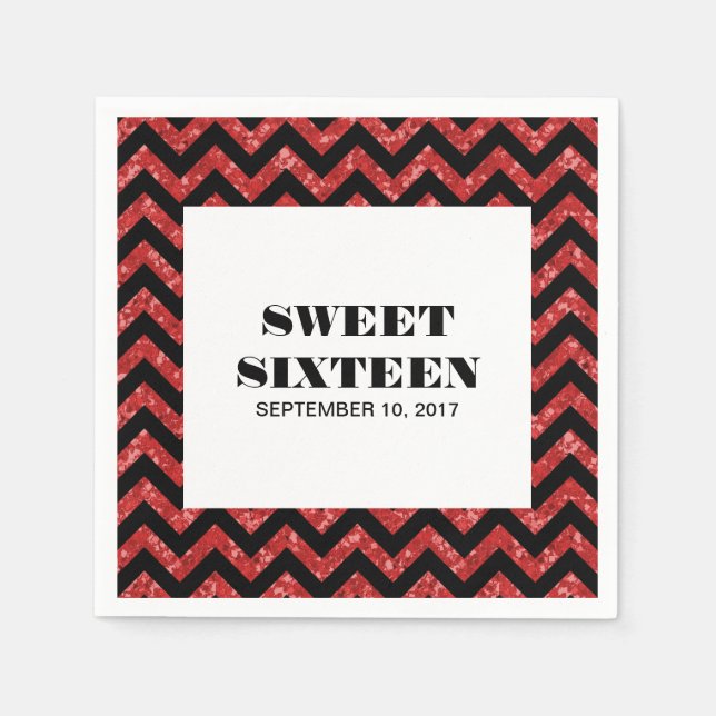 Red Chevron Glitter Sweet 16 Paper Napkins (Front)