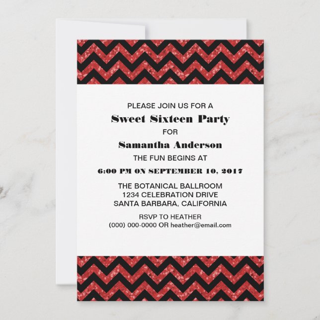 Red Chevron Glitter Sweet 16 Party Invite (Front)