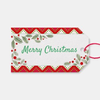 Red Chevron Holiday Greenery Merry Christmas Gift Tags