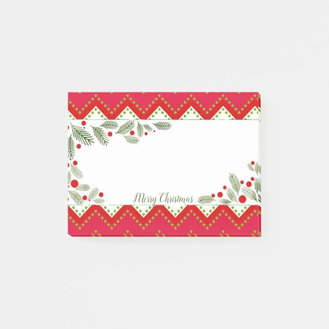 Red Chevron Holiday Greenery Merry Christmas Post-it Notes (Front)