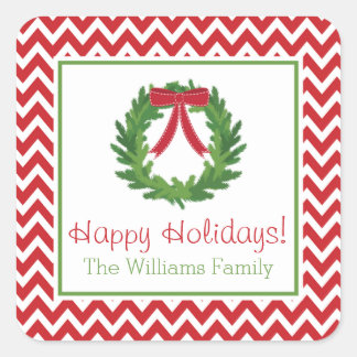 Red Chevron Holiday Wreath, Christmas Sticker