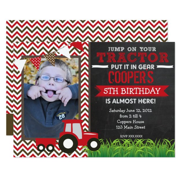 Red Chevron Tractor Birthday Party Invitation