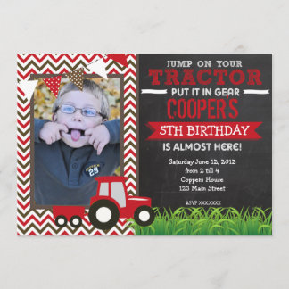 Red Chevron Tractor Birthday Party Invitation