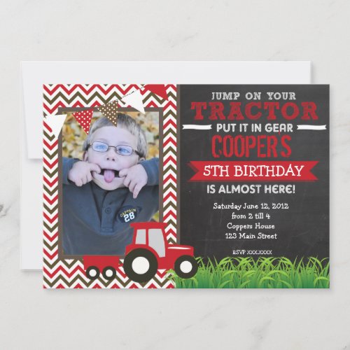 Red Chevron Tractor Birthday Party Invitation