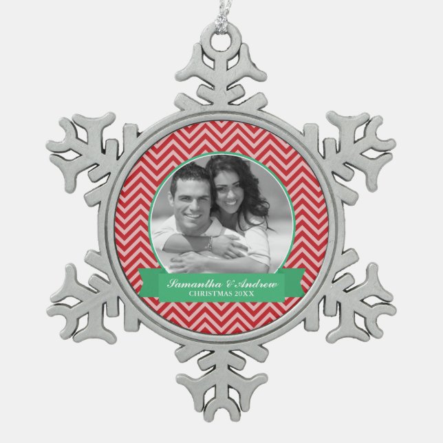 Red Chevrons Pattern Custom Photo Snowflake Pewter Christmas Ornament (Front)