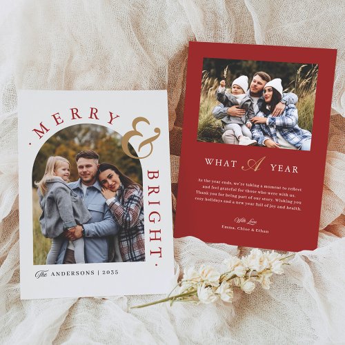 Red Chic Charm Merry &amp; Bright Arch Photo Holiday Card