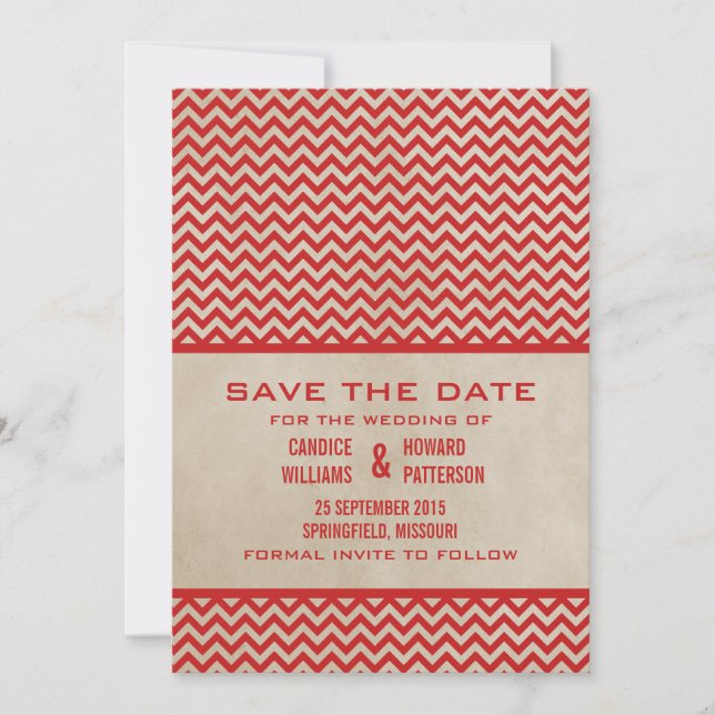 Red Chic Chevron Save the Date Invite (Front)