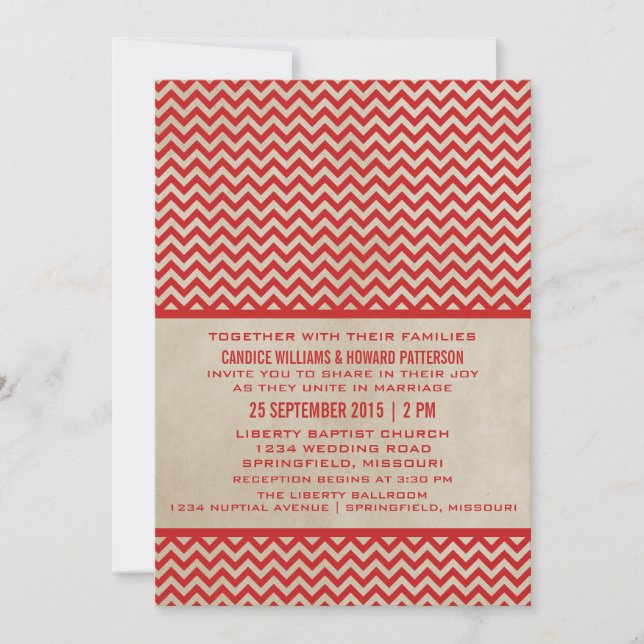 Red Chic Chevron Wedding Invite (Front)