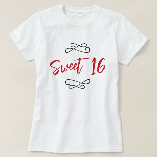 Red Chic Doodle Modern Script Sweet 16 T-Shirt (Design Front)