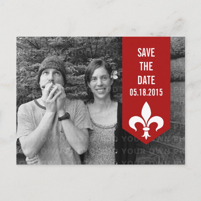 Red Chic Flourish Banner Save the Date Postcard (Front)