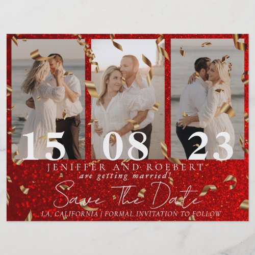 Red Chic Glitter Photo Collage Save the Date Card Flyer