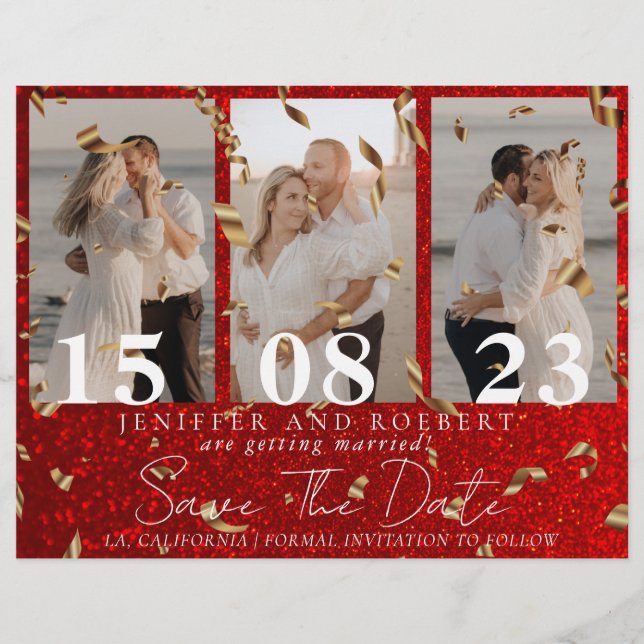 Red Chic Glitter Photo Collage Save the Date Card Flyer (Front)