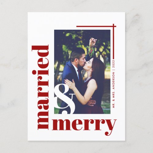 Red Chic Married and Merry Photo Christmas Holiday Postcard