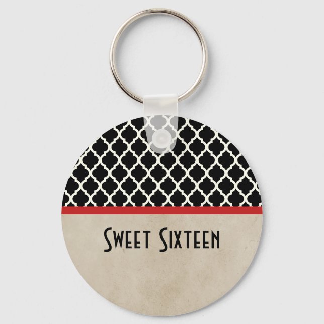 Red Chic Quatrefoil Sweet 16 Keychain (Front)