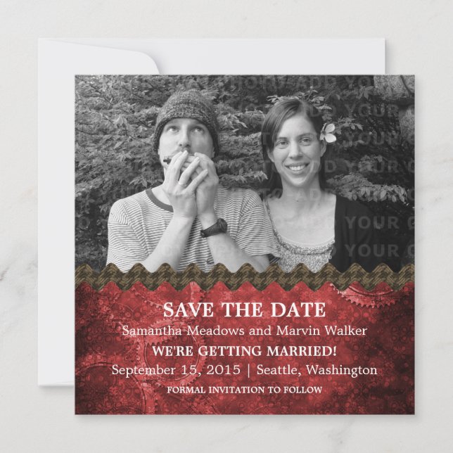 Red Chic Steampunk Photo Save the Date Invite (Front)