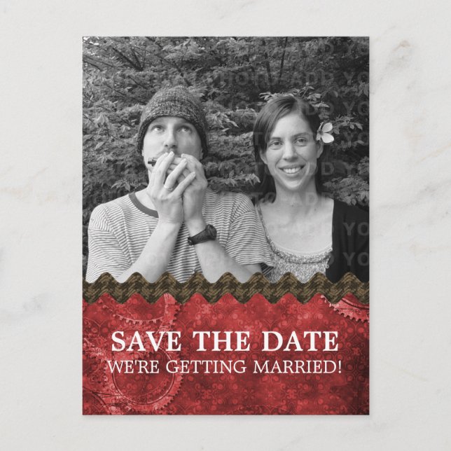 Red Chic Steampunk Photo Save the Date Postcard (Front)