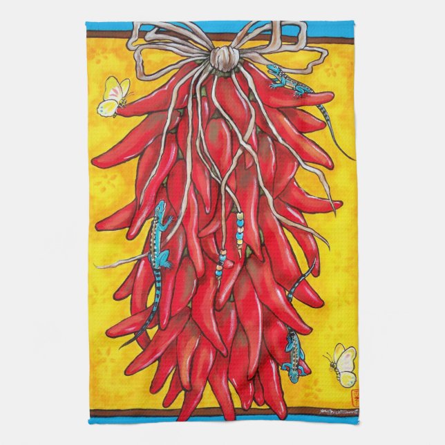 Red Chile Chili Pepper Ristra Towel Lizard Yellow (Vertical)