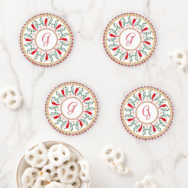 Red Chile Pepper Wreath Coaster Set (In Situ)