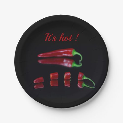 Red chili on black photo with text paper plates