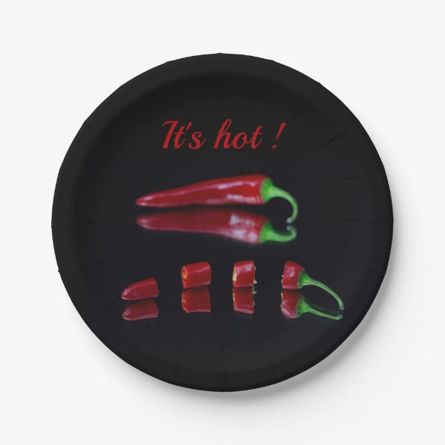 Red chili on black photo with text paper plates (Front)