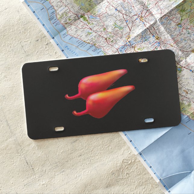 Red Chili Peppers black plastic car license plate (In Situ)