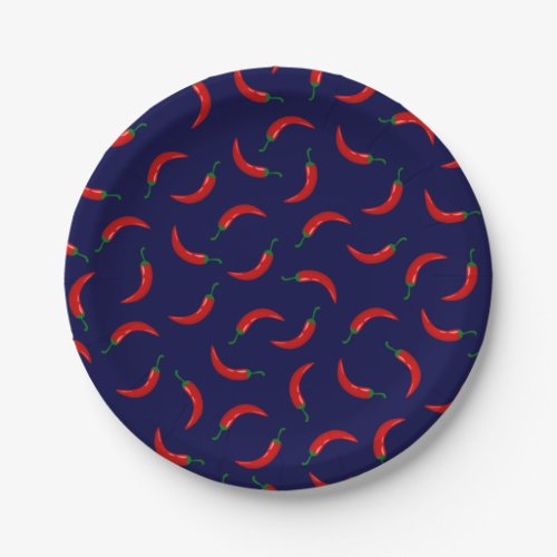 Red chili peppers on dark blue background paper plates