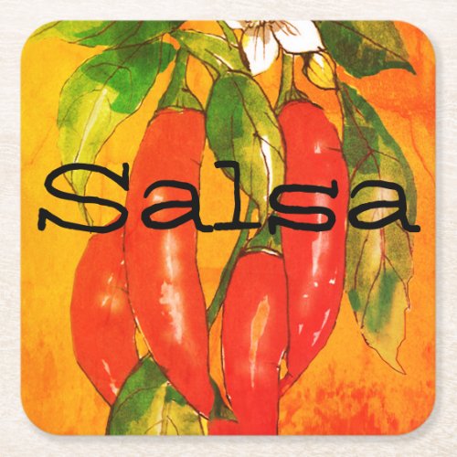 Red Chili Peppers on Vine Salsa ModernText Square Paper Coaster