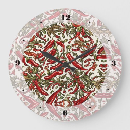 Red Chili Peppers Vintage Pattern  Large Clock