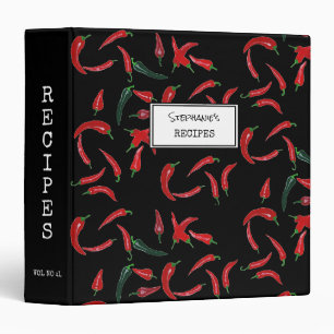Red Chilli Pattern on Black Personalized Recipe 3 Ring Binder