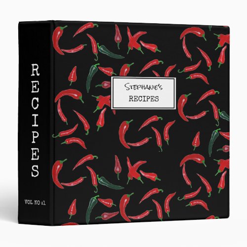 Red Chilli Pattern on Black Personalized Recipe 3 Ring Binder