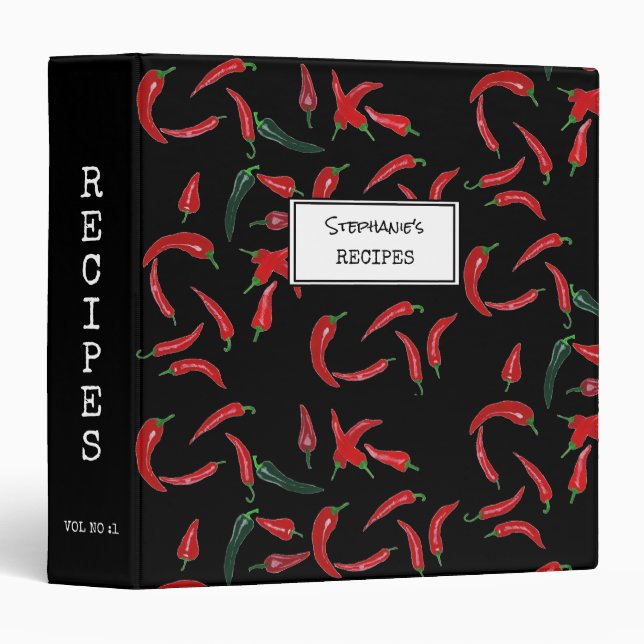 Red Chilli Pattern on Black Personalized Recipe 3 Ring Binder (Front/Spine)