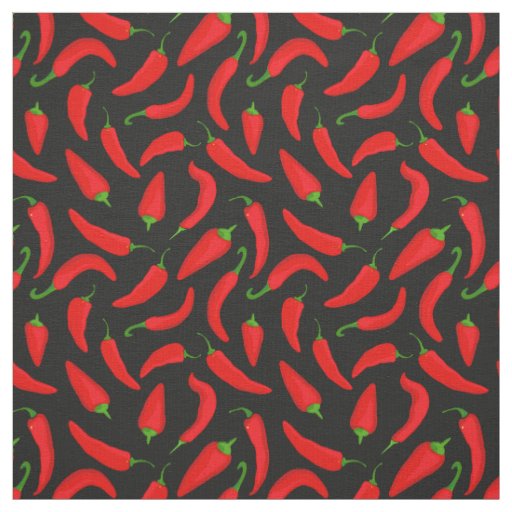 Red Chilli Pepper Pattern on Grey Black Fabric