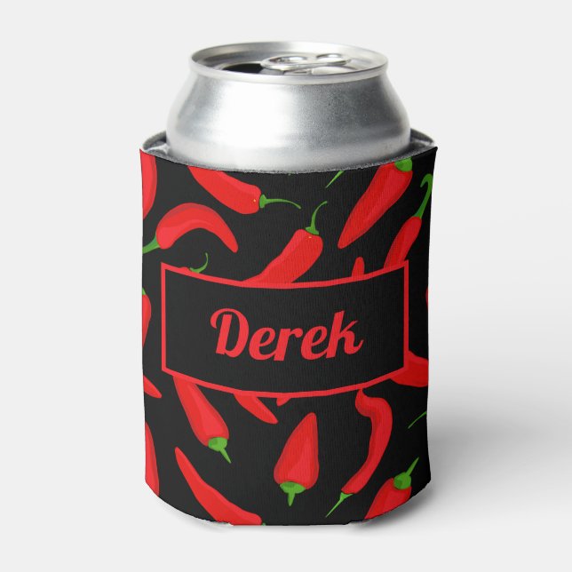 Red Chilli Peppers on Black Fiery Hot Custom Can Cooler (Can Front)