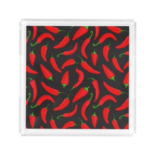 Red Chilli Peppers on Black Fun Acrylic Tray