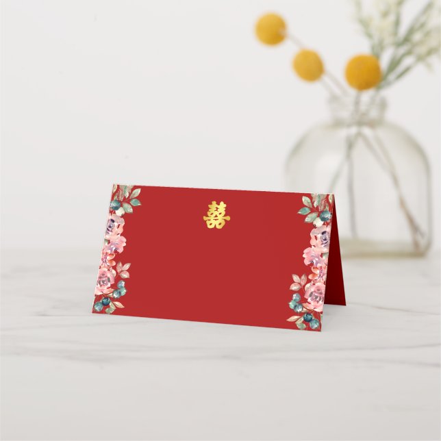 Red Chinese double happiness rustic floral wedding Place Card (Front)