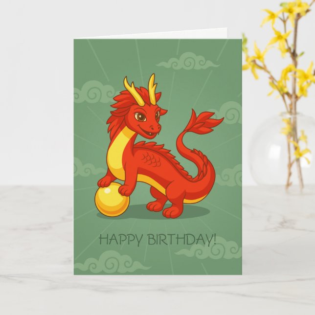 Red Chinese Dragon Birthday Blank Card (Yellow Flower)