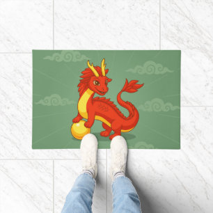 Red Chinese Dragon on Green Doormat