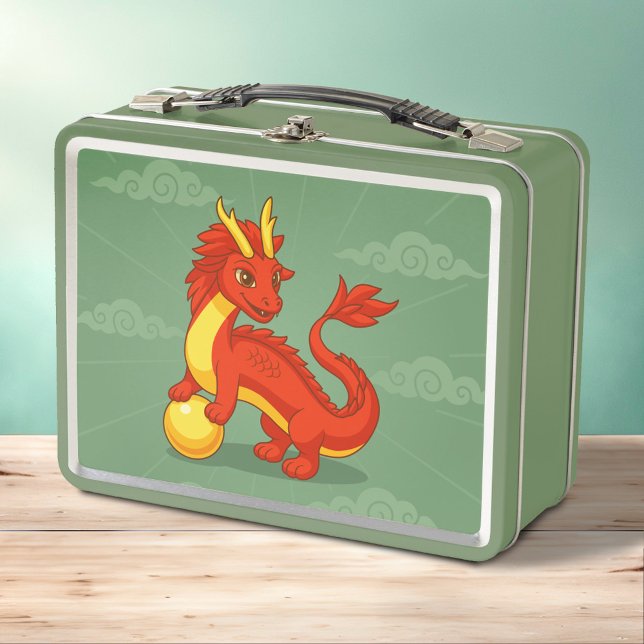 Red Chinese Dragon on Green Metal Lunch Box (Creator Uploaded)