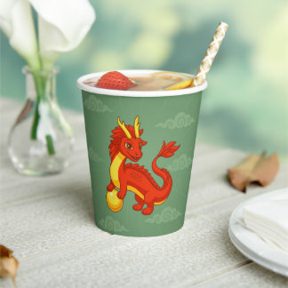 Red Chinese Dragon on Green Paper Cups
