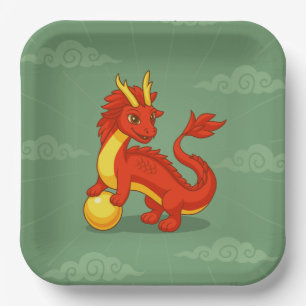 Red Chinese Dragon on Green Paper Plates