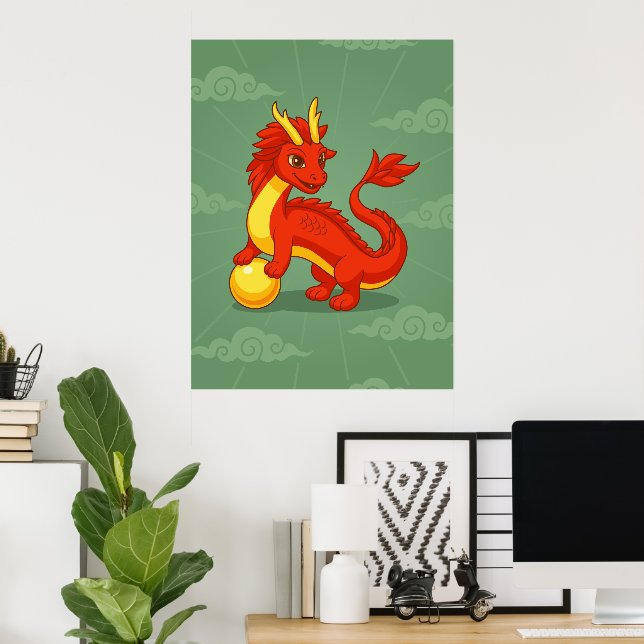 Red Chinese Dragon on Green Poster (Home Office)