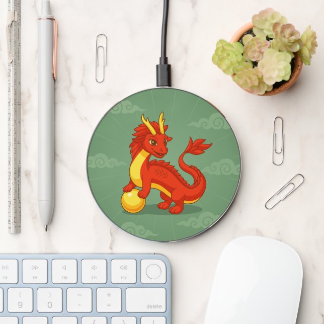 Red Chinese Dragon on Green Wireless Charger (Desk)
