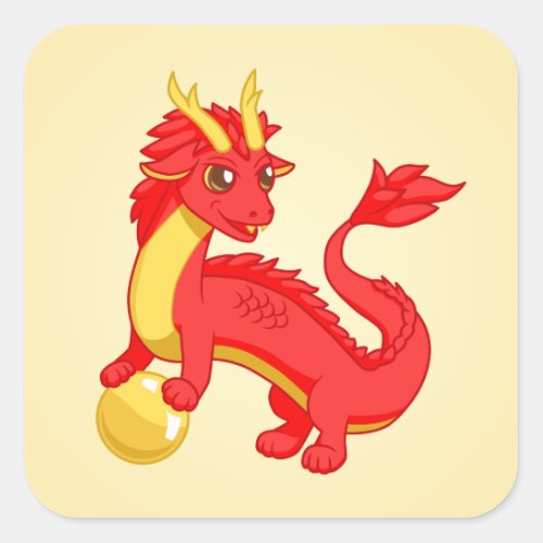 Red Chinese Dragon on Yellow Square Sticker