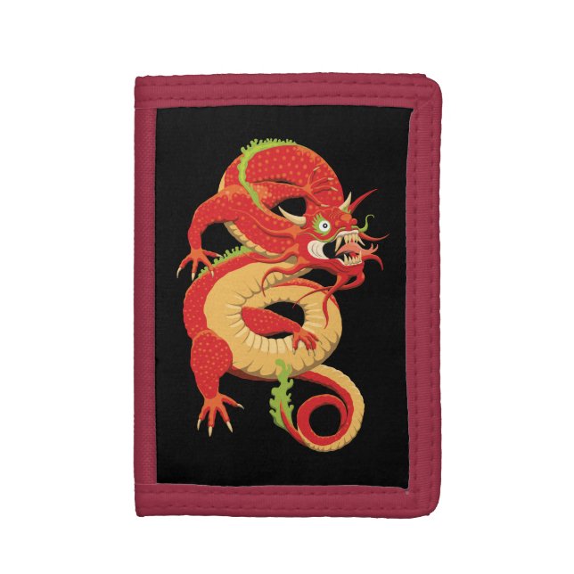 Red Chinese Dragon Tri-fold Wallet (Front Vertical)