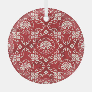 Red Chinese spiral flower background. Glass Ornament