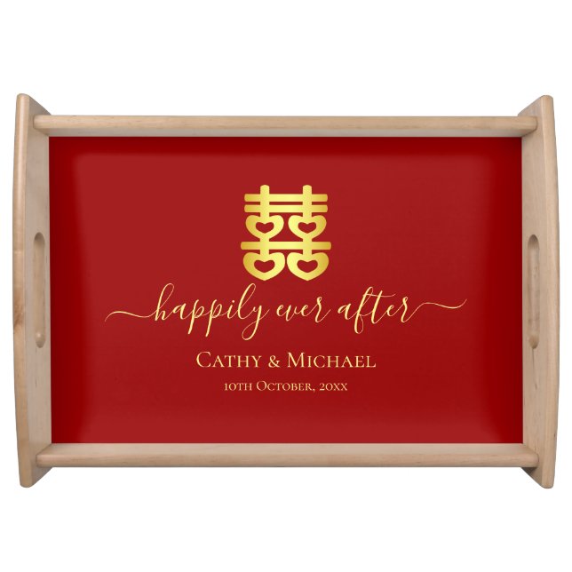Red Chinese tea ceremony heart double happiness Se Serving Tray (Front)