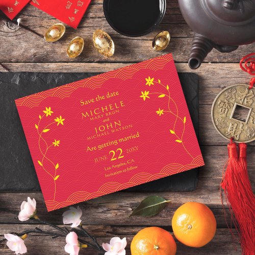 Red Chinese Themed Floral Save The Date Card