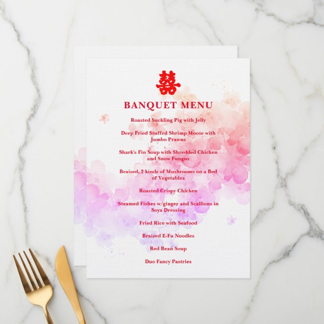 Red Chinese wedding cherry blossom banquet Menu (Front/Back In Situ)