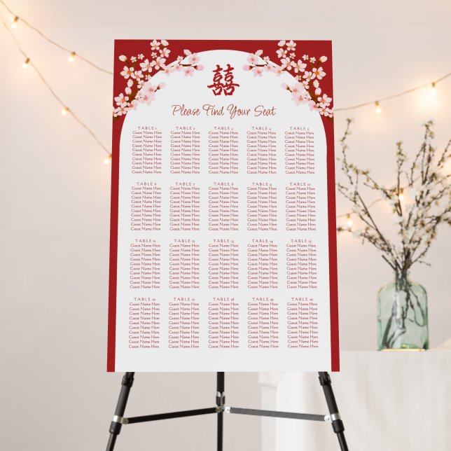 Red Chinese wedding cherry blossom seating chart Foam Board (In Situ (Stand))